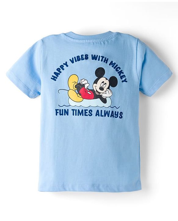 Babyhug Disney 100% Cotton Knit Half Sleeves T-Shirt With Front & Back Mickey Mouse Graphic - Light Blue
