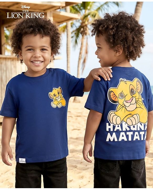 Babyhug Disney Single Jersey Knit Half Sleeves Oversize T-Shirt with Front & Back Lion King Graphic - Navy Blue
