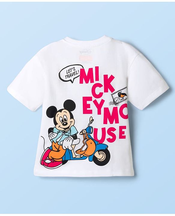 Babyhug Disney Single Jersey Knit Half Sleeves Oversized T-Shirt with Front & Back Mickey Mouse Graphic - White