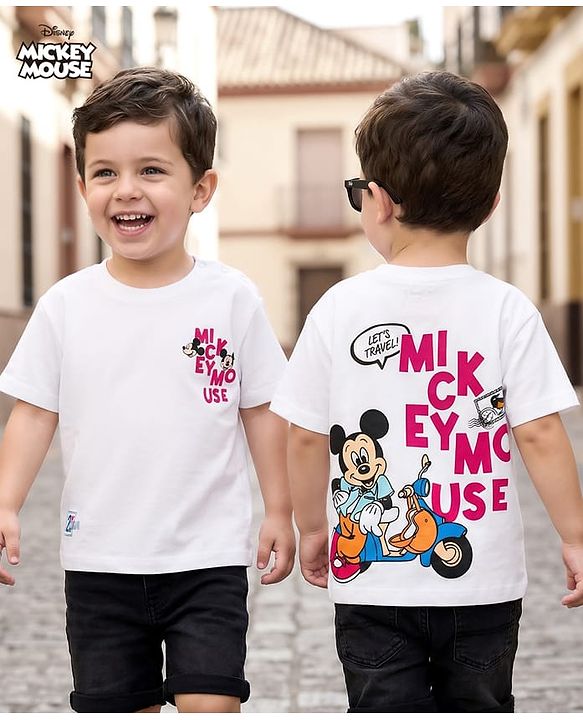 Babyhug Disney Single Jersey Knit Half Sleeves Oversized T-Shirt with Front & Back Mickey Mouse Graphic - White