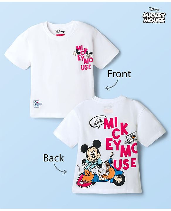 Babyhug Disney Single Jersey Knit Half Sleeves Oversized T-Shirt with Front & Back Mickey Mouse Graphic - White