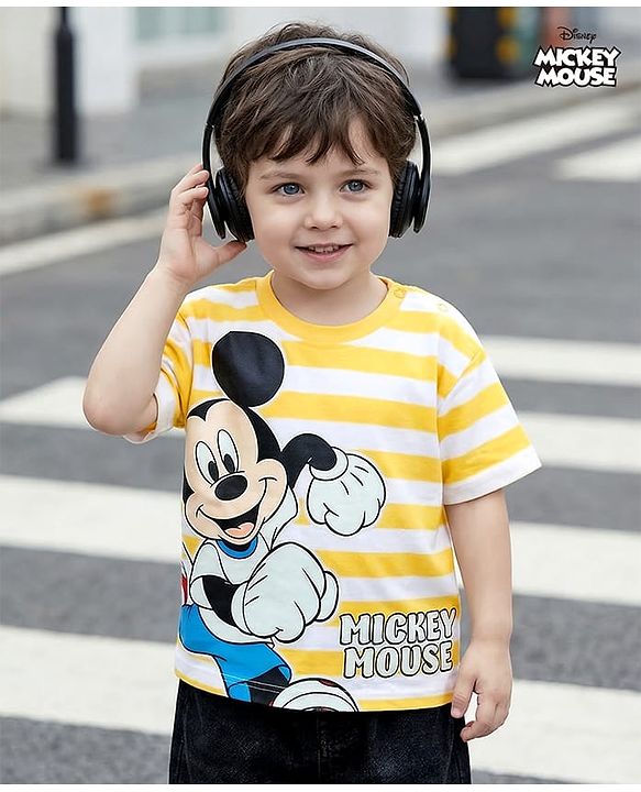 Babyhug Disney Single Jersey Knit Half Sleeves Oversized T-Shirt with Mickey Mouse Graphics - Multicolor