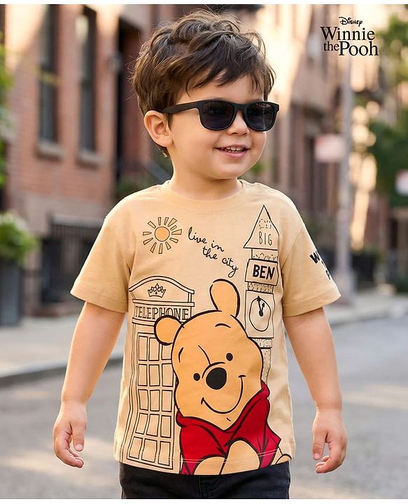 Babyhug Disney 100% Cotton Knit Half Sleeves Oversize T-Shirt With Winnie the Pooh Graphic - Yellow