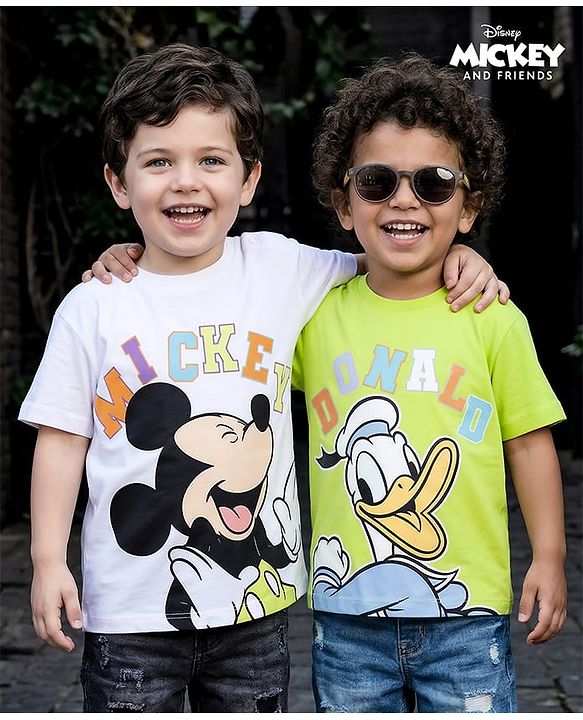 Babyhug Disney 100% Cotton Knit Half Sleeves Oversize T-Shirts With Mickey & Friends Graphic Pack of 2 - Multicolour