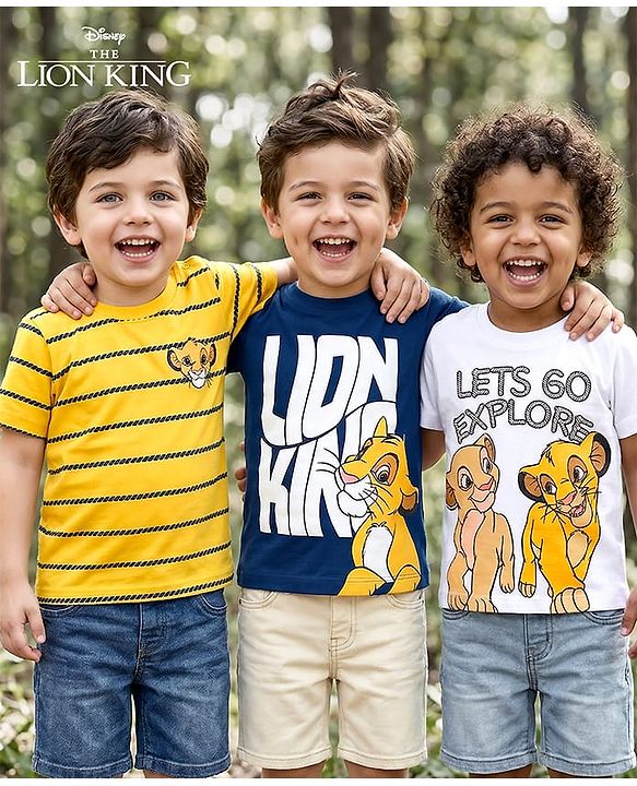 Babyhug Disney 100% Cotton Knit Half Sleeve T-Shirts With Simba & Friends Graphic Pack of 3 - Multicolour