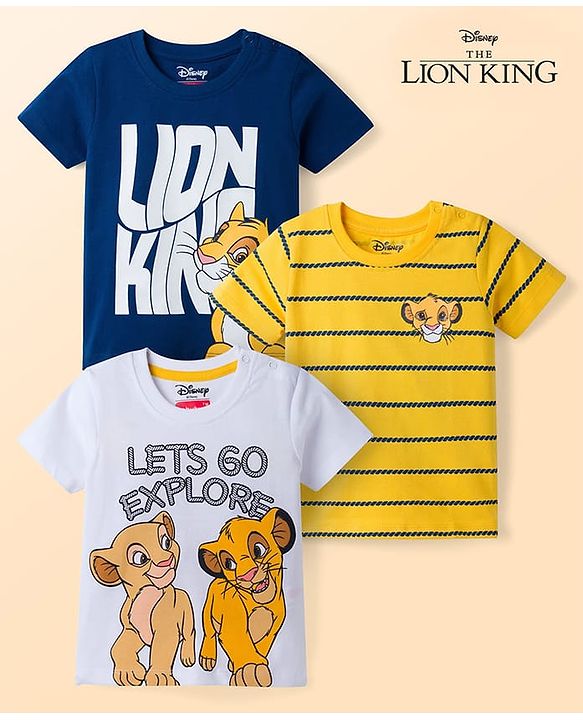 Babyhug Disney 100% Cotton Knit Half Sleeve T-Shirts With Simba & Friends Graphic Pack of 3 - Multicolour