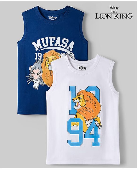 Pine Kids Disney Single Jersey Knit Sleeveless T-Shirts with Lion King Print Pack of 2- Blue & White