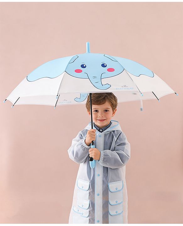 Babyhug Free Size Umbrella with Elephant Print - Light Blue