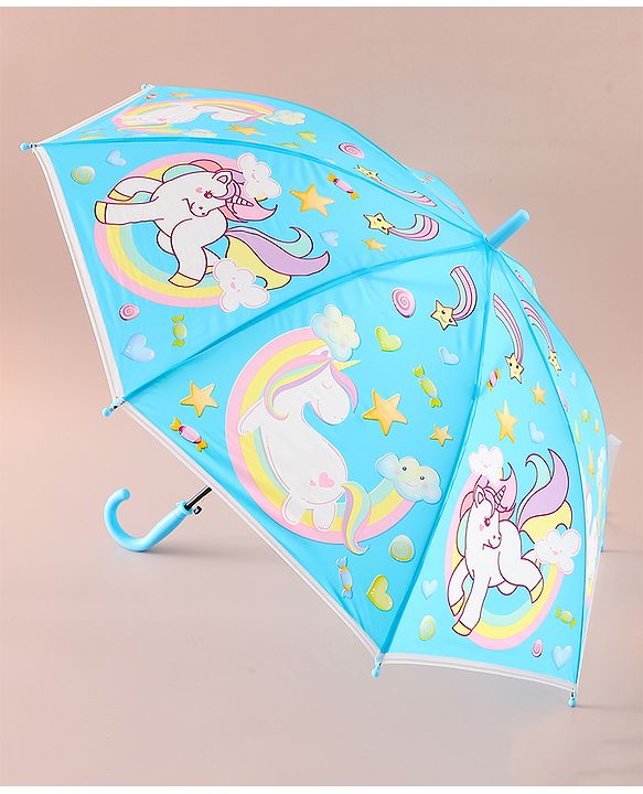 Babyhug Free Size Umbrella with Unicorn Print - Light Blue