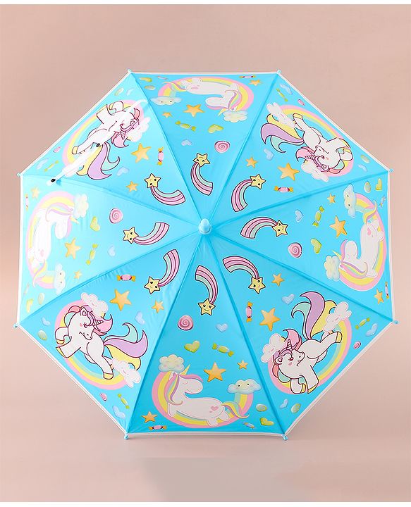 Babyhug Free Size Umbrella with Unicorn Print - Light Blue