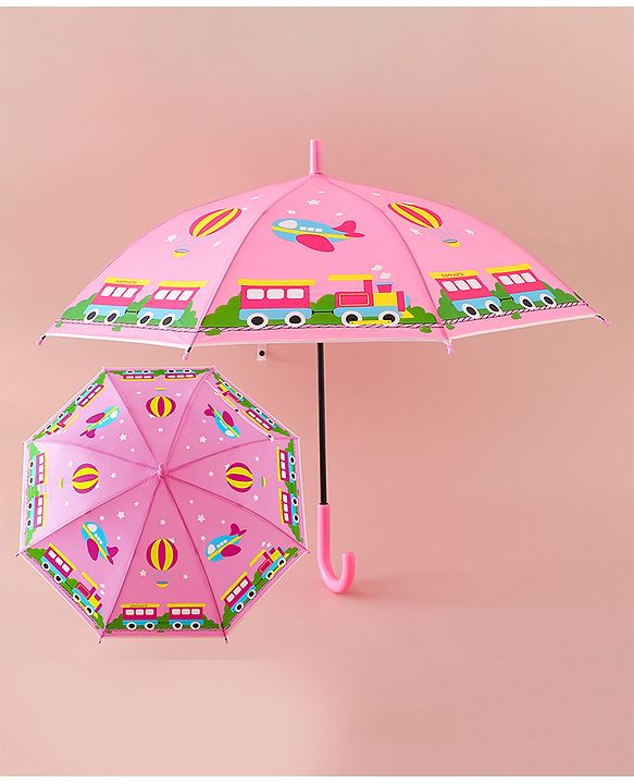 Babyhug Free Size Umbrella with Train Print - Pink