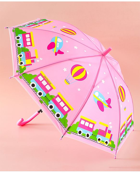 Babyhug Free Size Umbrella with Train Print - Pink