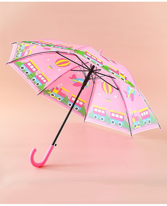 Babyhug Free Size Umbrella with Train Print - Pink