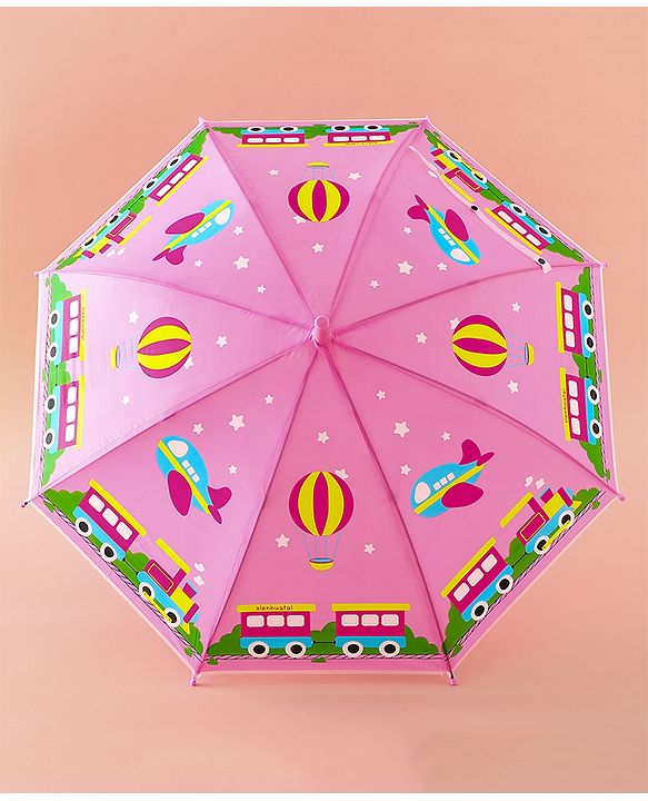 Babyhug Free Size Umbrella with Train Print - Pink
