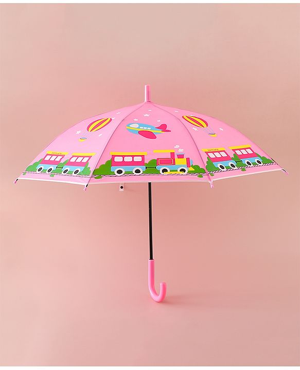 Babyhug Free Size Umbrella with Train Print - Pink
