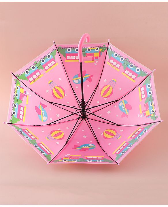 Babyhug Free Size Umbrella with Train Print - Pink