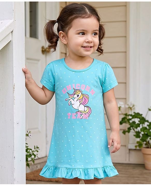 Babyhug Cotton Knit Half Sleeves Polka Dots & Unicorn Printed Nighty - Light Blue