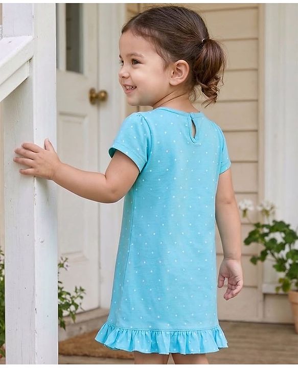 Babyhug Cotton Knit Half Sleeves Polka Dots & Unicorn Printed Nighty - Light Blue