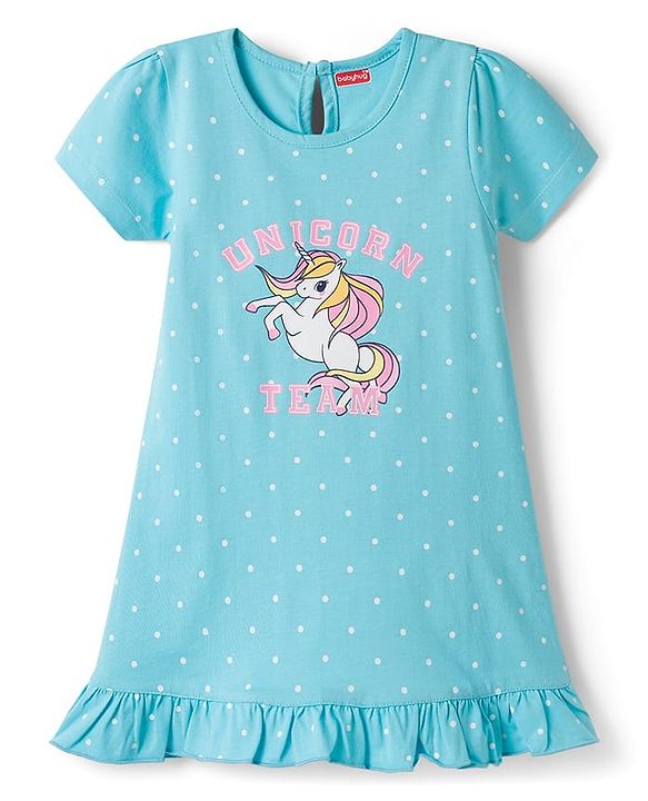 Babyhug Cotton Knit Half Sleeves Polka Dots & Unicorn Printed Nighty - Light Blue