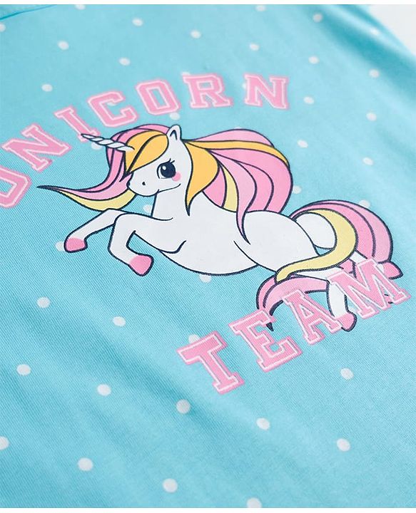 Babyhug Cotton Knit Half Sleeves Polka Dots & Unicorn Printed Nighty - Light Blue