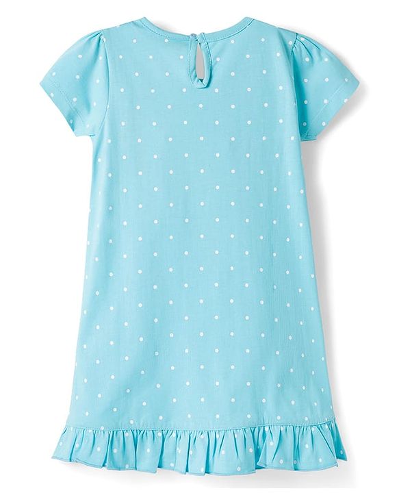 Babyhug Cotton Knit Half Sleeves Polka Dots & Unicorn Printed Nighty - Light Blue
