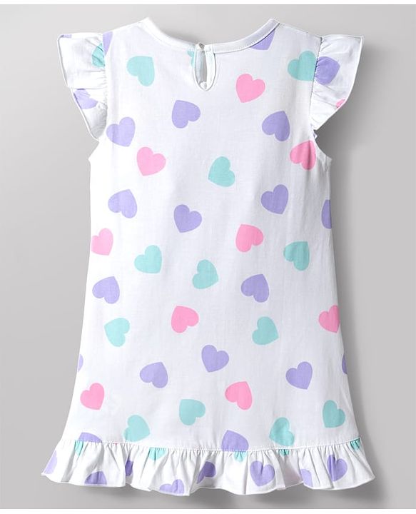 Babyhug Cotton Knit Frill Sleeves Hearts Printed Nighty - White
