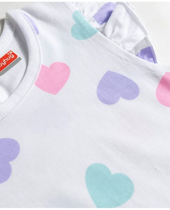 Babyhug Cotton Knit Frill Sleeves Hearts Printed Nighty - White