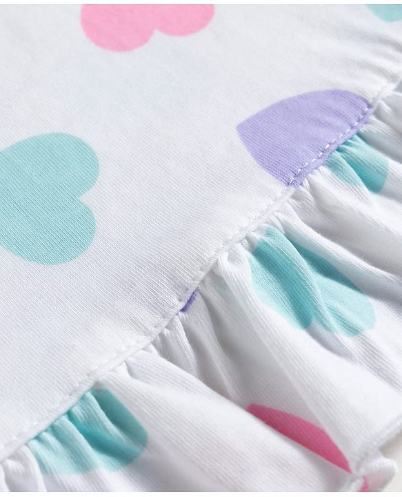 Babyhug Cotton Knit Frill Sleeves Hearts Printed Nighty - White