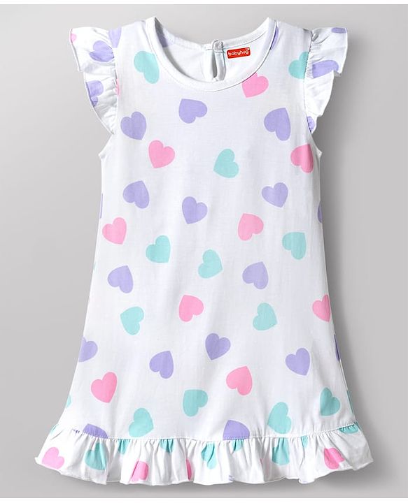 Babyhug Cotton Knit Frill Sleeves Hearts Printed Nighty - White