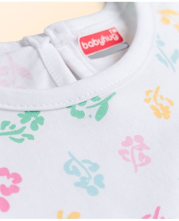 Babyhug Cotton Knit Half Sleeves Floral Printed Nighty - White