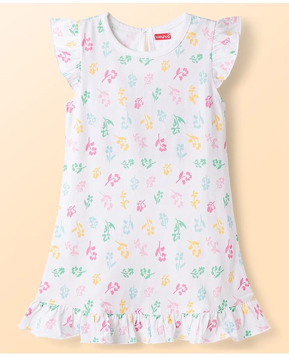 Babyhug Cotton Knit Half Sleeves Floral Printed Nighty - White