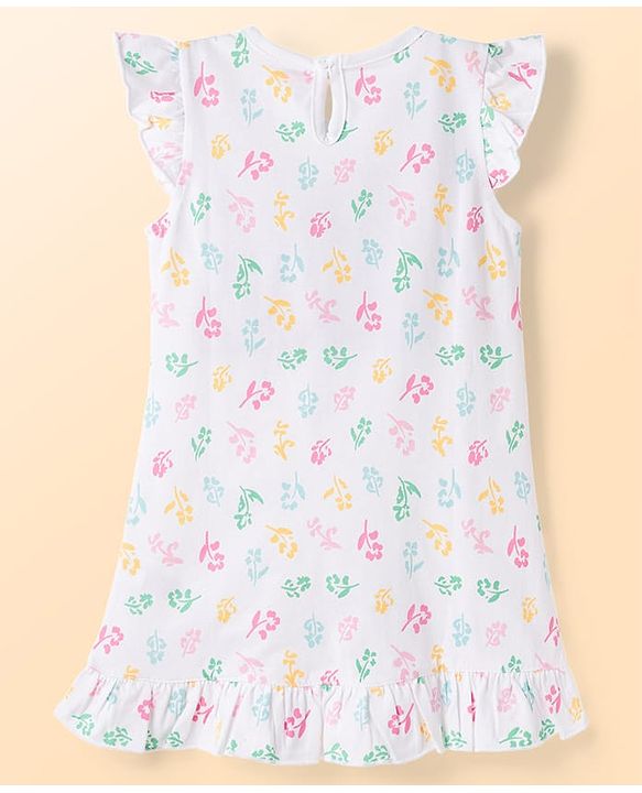 Babyhug Cotton Knit Half Sleeves Floral Printed Nighty - White