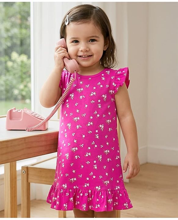 Babyhug Cotton Knit Frill Sleeves Nighty with Floral Print - Purple