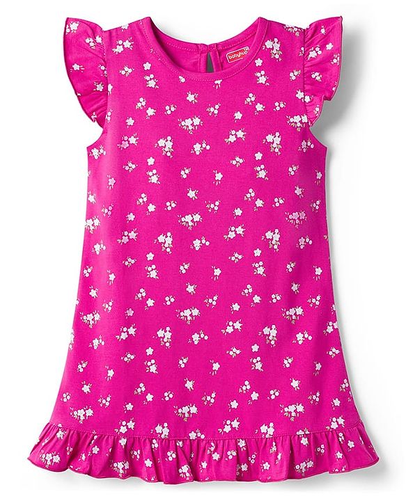 Babyhug Cotton Knit Frill Sleeves Nighty with Floral Print - Purple