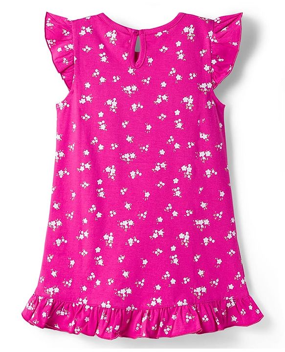 Babyhug Cotton Knit Frill Sleeves Nighty with Floral Print - Purple