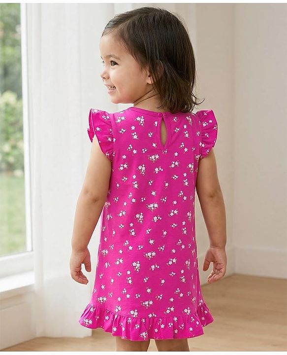 Babyhug Cotton Knit Frill Sleeves Nighty with Floral Print - Purple