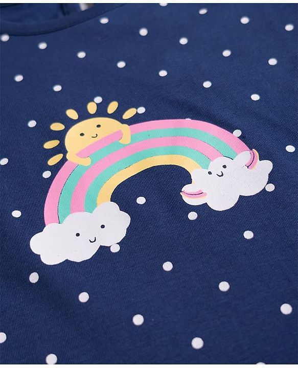 Babyhug Cotton Knit Half Sleeves Nighty with Rainbow & Polka Dot Print - Navy Blue