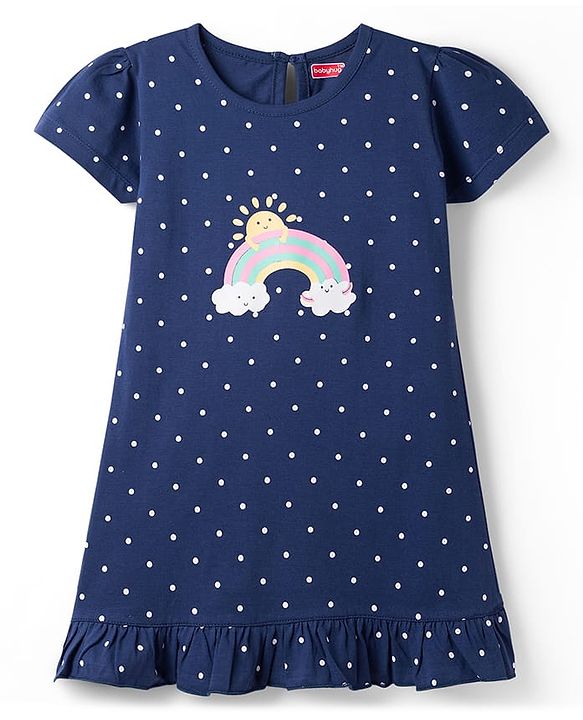 Babyhug Cotton Knit Half Sleeves Nighty with Rainbow & Polka Dot Print - Navy Blue
