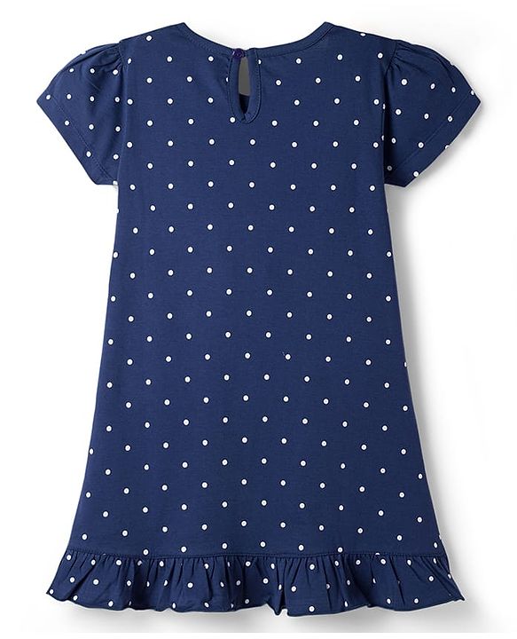Babyhug Cotton Knit Half Sleeves Nighty with Rainbow & Polka Dot Print - Navy Blue
