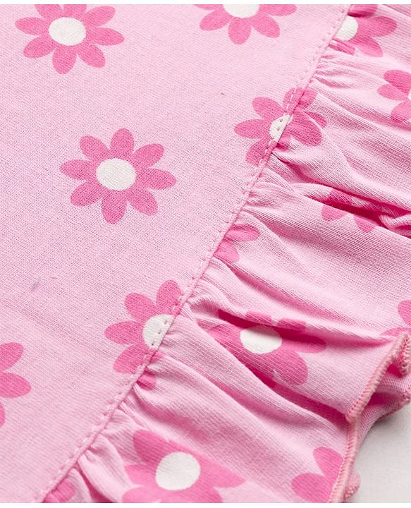 Babyhug Cotton Knit Half Sleeves Floral Printed Nighty - Pink