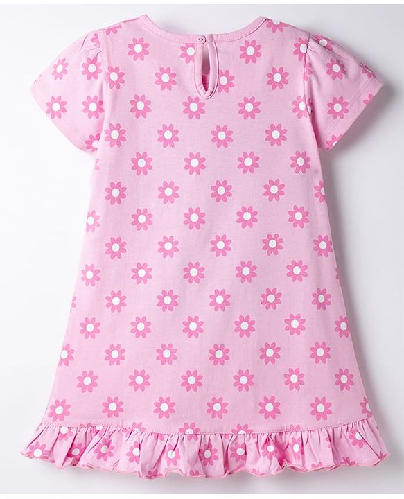 Babyhug Cotton Knit Half Sleeves Floral Printed Nighty - Pink