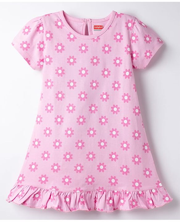 Babyhug Cotton Knit Half Sleeves Floral Printed Nighty - Pink