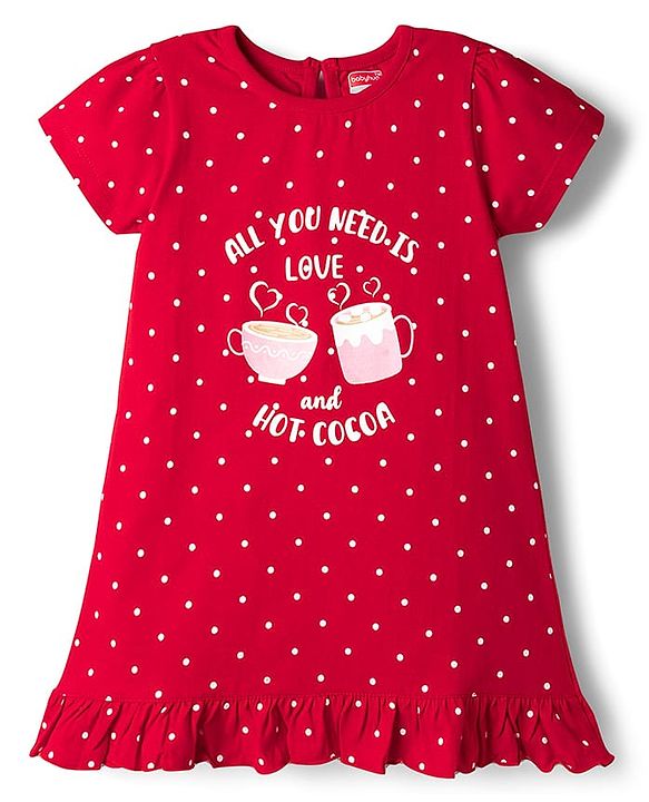 Babyhug Cotton Knit Half Sleeves Nighty With Hot Cocoa Print - Red