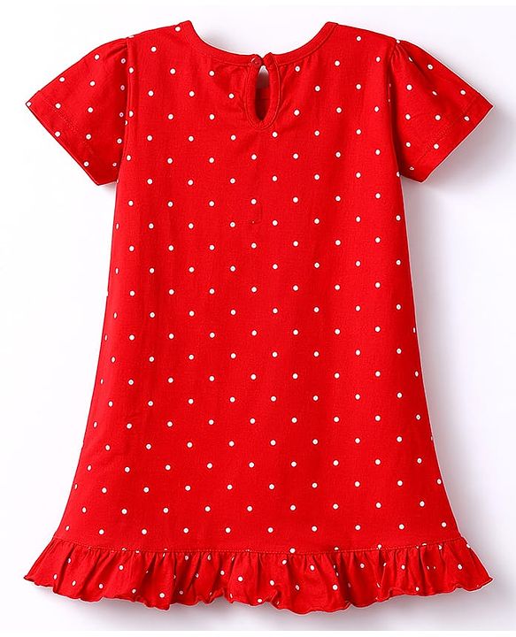 Babyhug Cotton Knit Half Sleeves Polka Dots Printed Nighty - Red