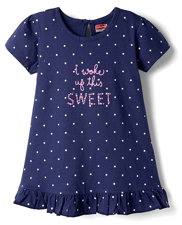 Babyhug Cotton Knit Half Sleeves Nighty with Polka Dot Print - Navy Blue