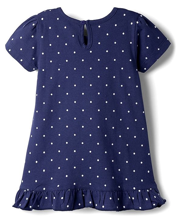 Babyhug Cotton Knit Half Sleeves Nighty with Polka Dot Print - Navy Blue