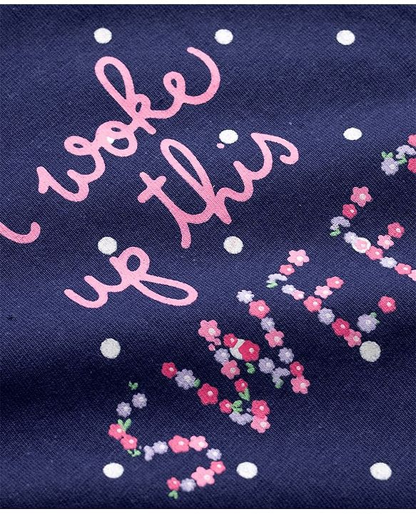 Babyhug Cotton Knit Half Sleeves Nighty with Polka Dot Print - Navy Blue