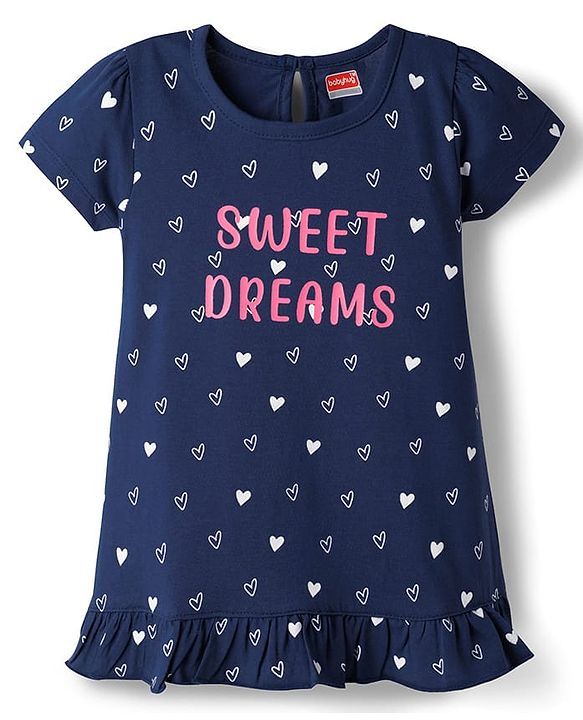 Babyhug Cotton Knit Half Sleeves Hearts Printed Nighty - Navy Blue