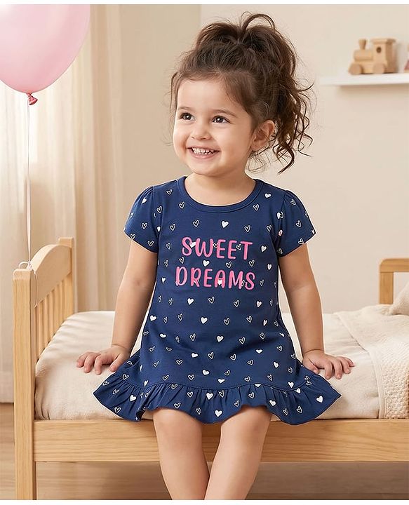 Babyhug Cotton Knit Half Sleeves Hearts Printed Nighty - Navy Blue