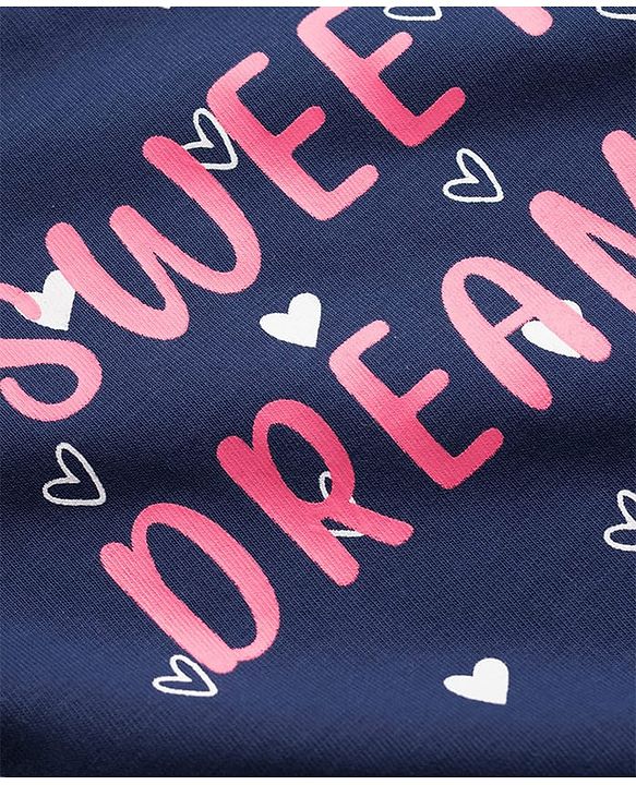 Babyhug Cotton Knit Half Sleeves Hearts Printed Nighty - Navy Blue